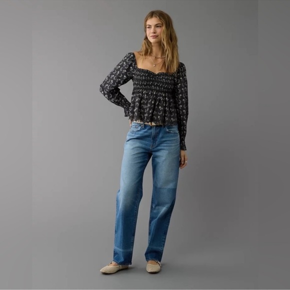 American Eagle Outfitters Tops - American Eagle Outfitters Smocked Babydoll Black Floral Blouse Size S